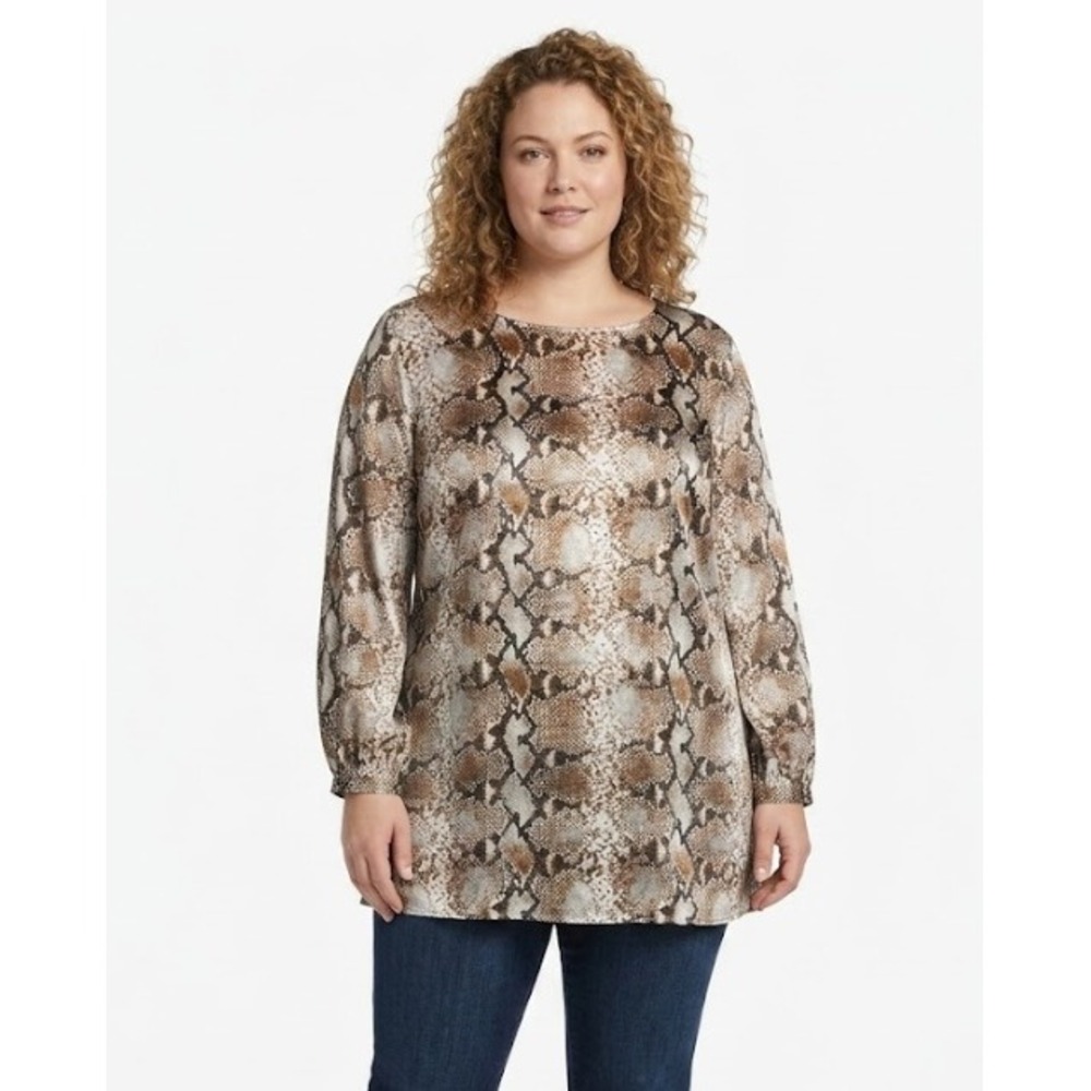 Chico's Snakeskin Tunic Blouse size 3/XL Brown Tan Animal Print Long Sleeve‎ Top